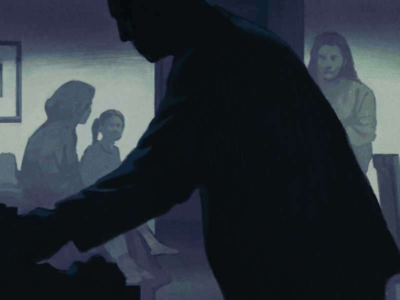 In this illustration, a family sits in their home, worried, as a person cast in shadow looks through their things.