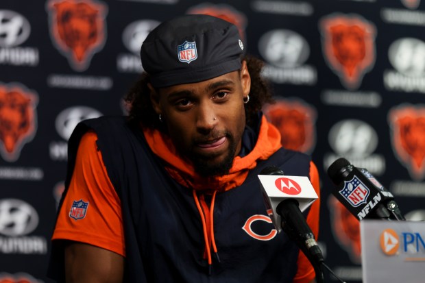 Bears cornerback Kyler Gordon answers questions during a news conference after minicamp at Halas Hall on June 5, 2024, in Lake Forest. (Eileen T. Meslar/Chicago Tribune)