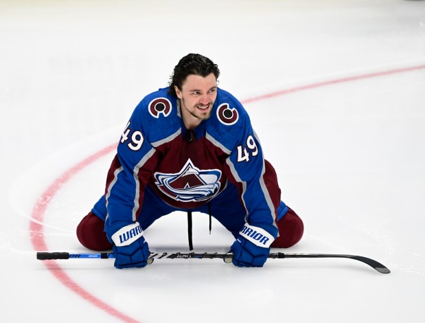 Colorado Avalanche defenseman Samuel Girard (49) stretches during warmups before playing the Montreal Canadiens at Ball Arena in Denver, Colorado on Tuesday, March 26, 2024. (Photo by Andy Cross/The Denver Post)
