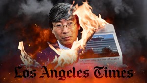 A composite image of LA Times owner Patrick Soon-Shiong surrounded by flames and the newspaper logo.