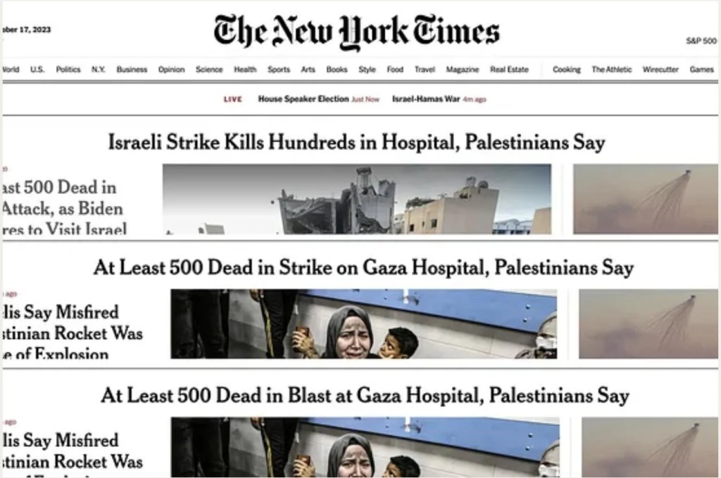 Serial New York Times headlines on a strike at al-Ahli hospital in Gaza