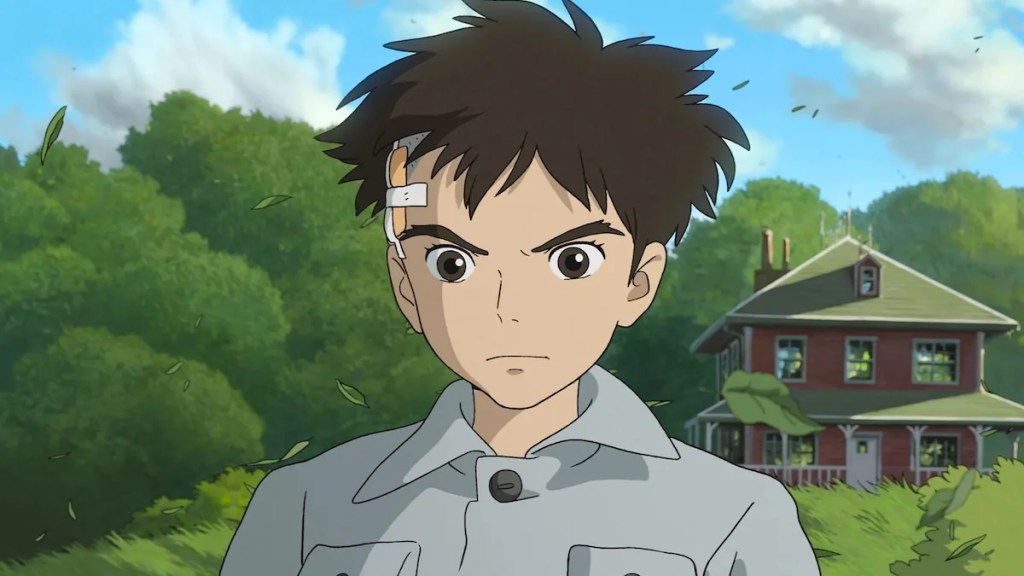 An animated still showing a boy with dark wild hair in "The Boy and The Heron," with a grassy background, a blue sky with a few clouds, and a house behind him