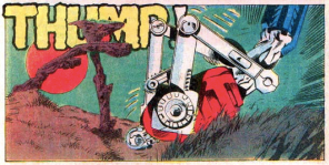 One of the better pratfall panels. (The X-Men and the Micronauts #2)