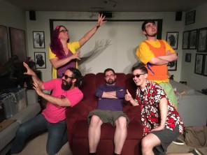 In which a bunch of twenty and thirty-something PNW nerds pretend to be New England teenagers. Left to right: Crystal Frasier as Jubilee, Miles Stokes as Boom Boom, Logan Bonner as the indifferent god of a cruel world, Jay Edidin as Havok, Max Carleton as Shadowcat.