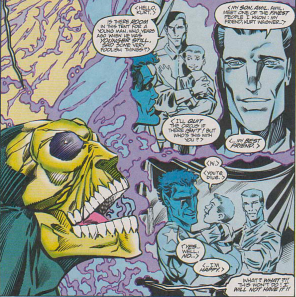 D'Spayre's only weaknesses are joy and, by remarkable coincidence, children named Amil. (Excalibur #77)