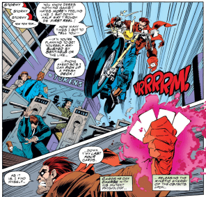 Gambit is legitimately fairly charming, at least as drawn by Joe Madureira. (X-Men #312)