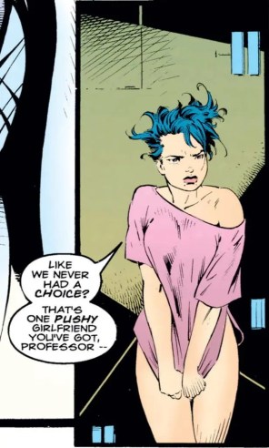 The weirdest thing about this panel is that the tractor beam seems to have shrunk her shirt by about half. (X-Men Annual #5)