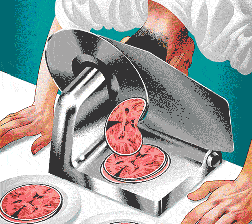funny give monday man slicing head in meat slicer