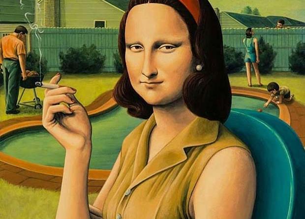 Funny Mics, art parody, Mona Lisa in suburban backyard smoking