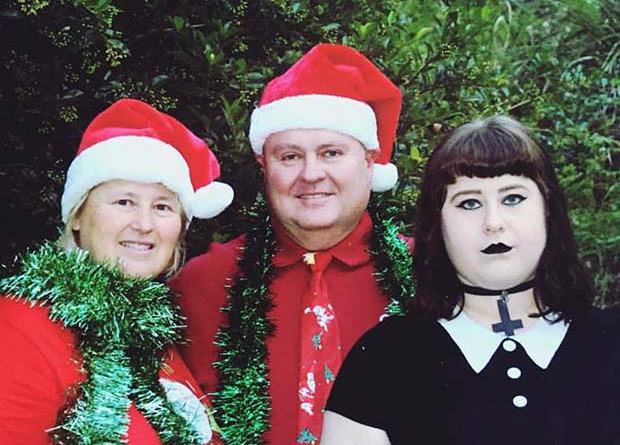 Awkward family Christmas photos, family Christmas cards, Goth daughter