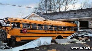 A school bus propelled into a building in Henryville, Indiana