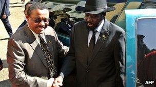 Ethiopian Prime Minister Hailemariam Desalegn (L) greets the President of South Sudan Salva Kiir in Addis Ababa on January 5, 2013.