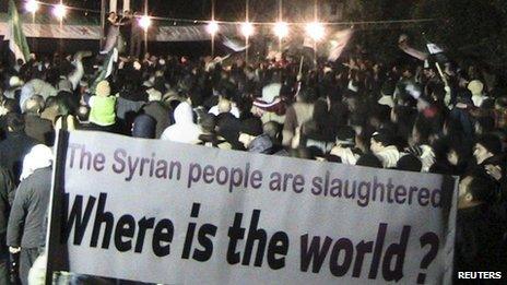 Photo posted online purportedly showing demonstrators gather in Homs to urge international action on Syria (10 February 2012)