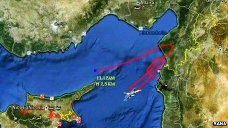 Syrian state television graphic showing flight path of downed Turkish jet