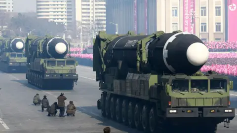 Getty Images Hwasong-15 ballistic missile during the military parade to mark the 70th anniversary of the Korean People's Army at Kim Il Sung Square in Pyongyang.