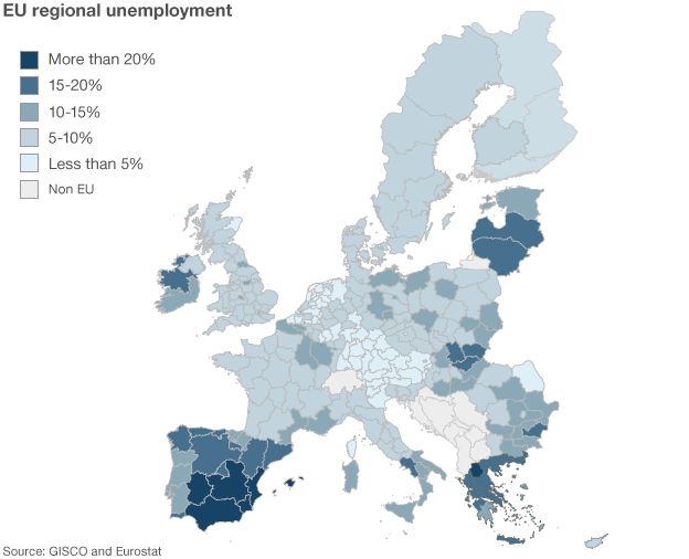 Map showing unemployment across EU by region