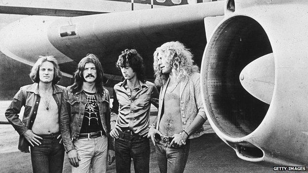 British rock band Led Zeppelin, (left -right): John Paul Jones, John Bonham (1948 - 1980), Jimmy Page and Robert Plant, in the 1970s.