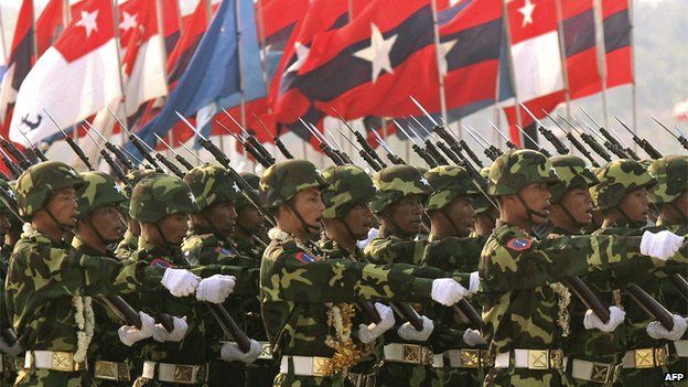 Myanmar soldiers parade during ceremonies marking Armed Forces Day in Naypyidaw on 27 March 2007.