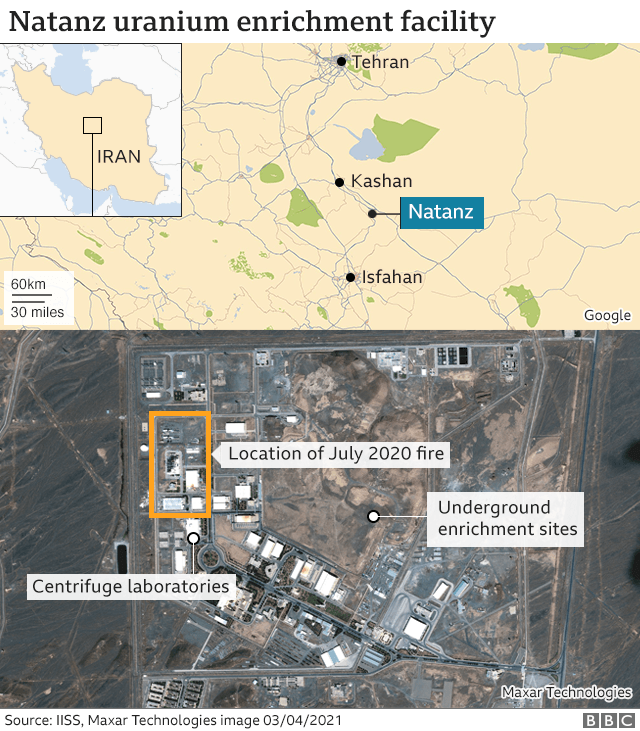 Map showing location of underground enrichment sites and July 2020 fire at Natanz uranium enrichment plant, Iran