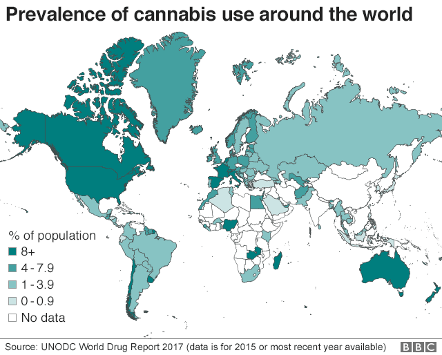 Map showing prevalence of cannabis use around the world by percentage