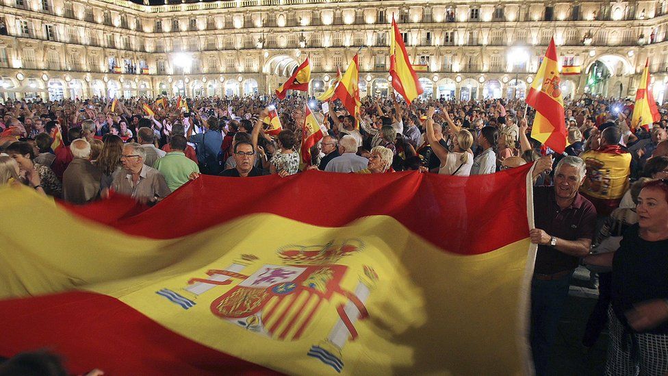 Thousands gather at the Plaza Mayor in Salamanca, Spain, with Spanish national flags to support Spanish Security Forces deployed in Catalonia. 4 October 2017