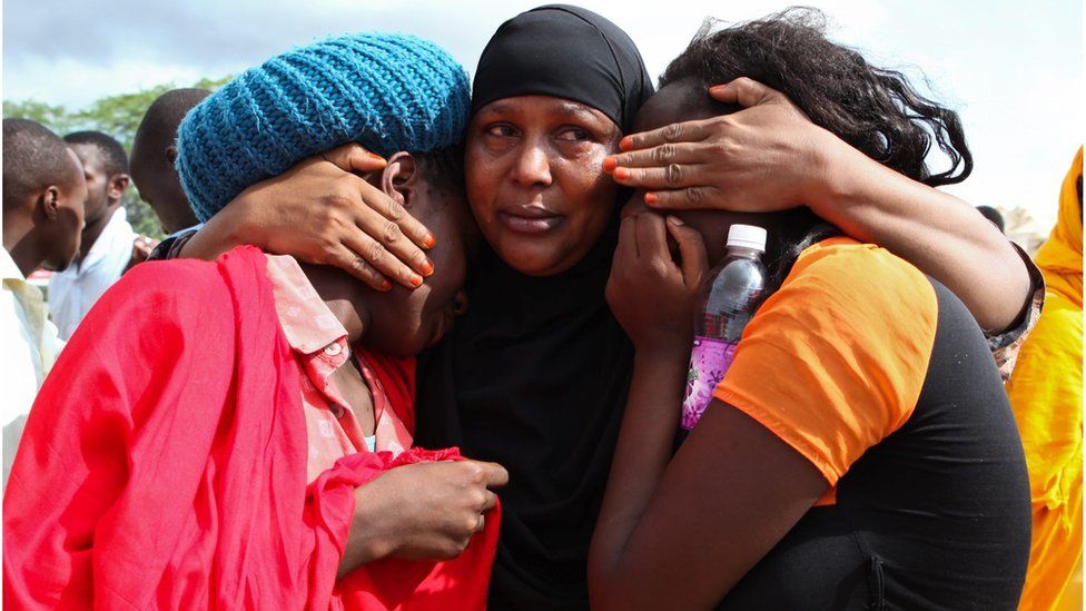 Some of the Garissa University students who were rescued, comfort each other at the Garissa military camp, in Garissa town, located near the border with Somalia - 3 April 2015