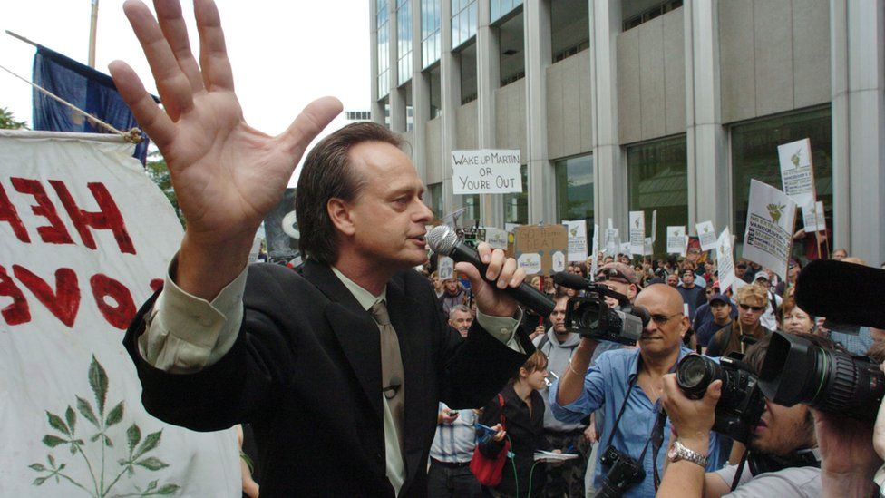 Marijuana advocate Marc Emery addresses a crowd of 400 at an anti-extradition rally held for him in front of the US Consulate on September 10, 2005 in Vancouver, Canada.