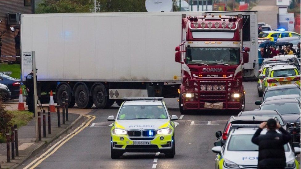 British police move the lorry container where 39 people were found dead. Photo: 23 October 2019