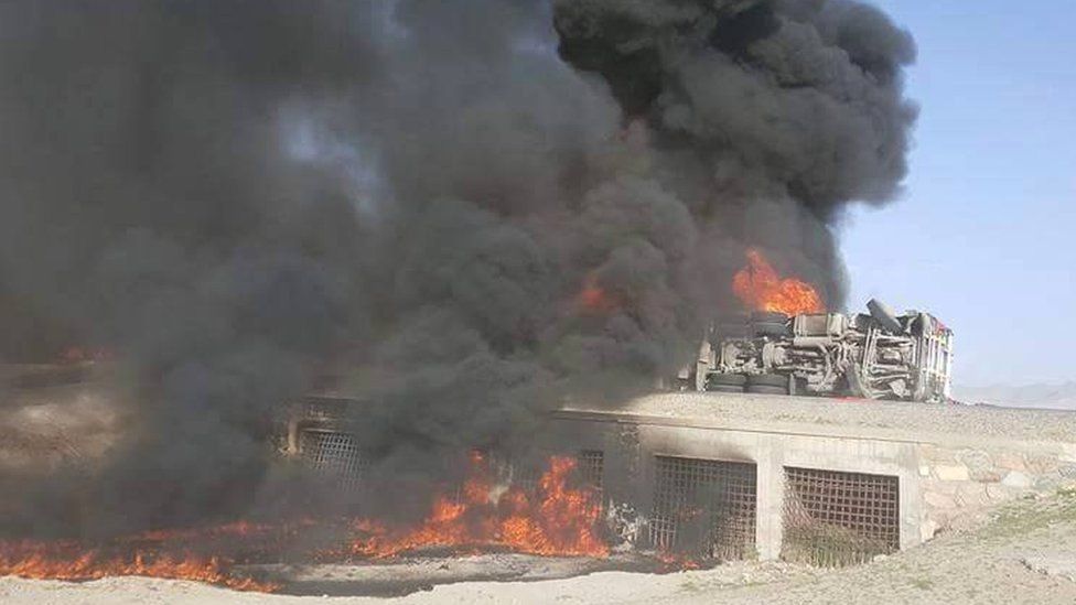 Scene of a crash involving two buses and a fuel tanker in Afghanistan - 8 May 2016