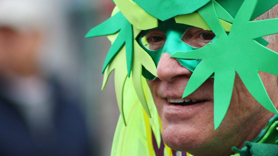 Man in a marijuana mask