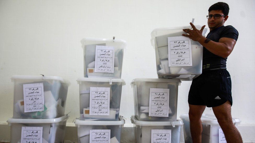 A Lebanese government employee sorts sealed electoral ballot box containing new ballots marked for the various religious groups according to Lebanese confessional voting rules, at a government office in the capital Beirut on May 5, 2018,