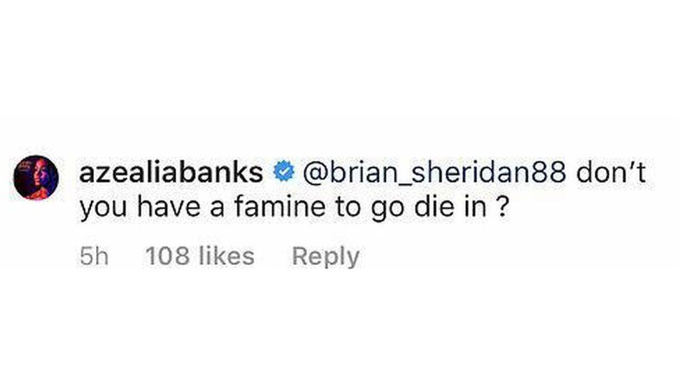 Azealia Banks instagram comment mentioning the irish famine