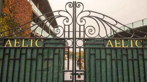 The locked gates of the All England Lawn Tennis Club