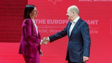 Elly Schlein and Olaf Scholz on stage during the Party of European Socialists (PES) Election Congress in Rome