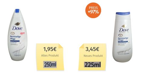 Dove Pflegedusche kostet 1,95 Euro für 250 ml bisher – künftig gibt es Dove Duschcreme, wo 225 ml dann 3,45 Euro kosten