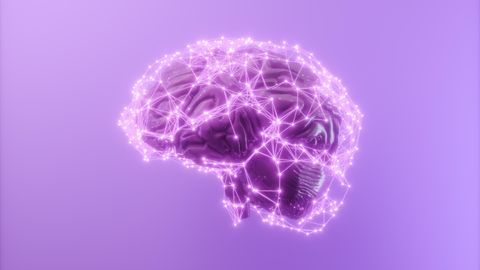 Illustriertes Gehirn mit Lichtpunkten auf lila Hintergrund