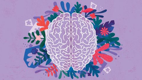 Illustration eines Gehirns umgeben von Blumen und Ranken