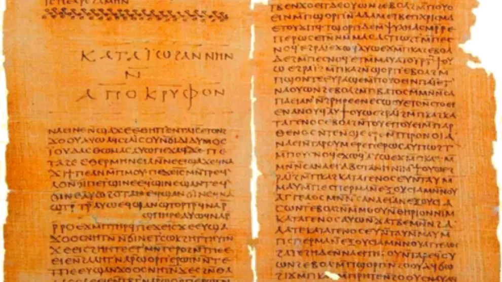 Códice II de Nag Hammadi, que muestra el final del evangelio apócrifo de Juan y el comienzo del evangelio de Tomás.