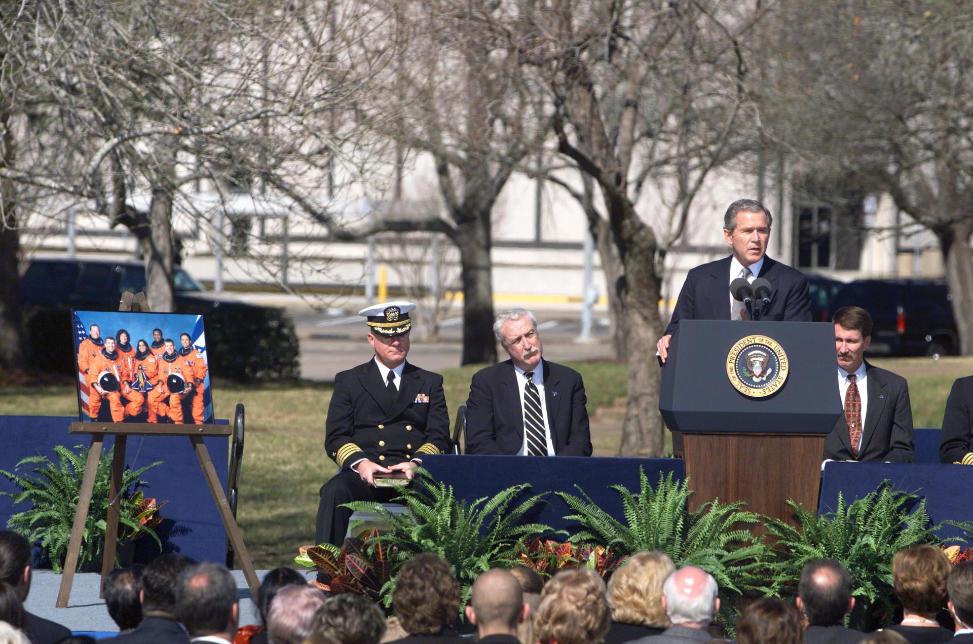 George W. Bush addresses a crowd during the memorial for the Columbia astronauts