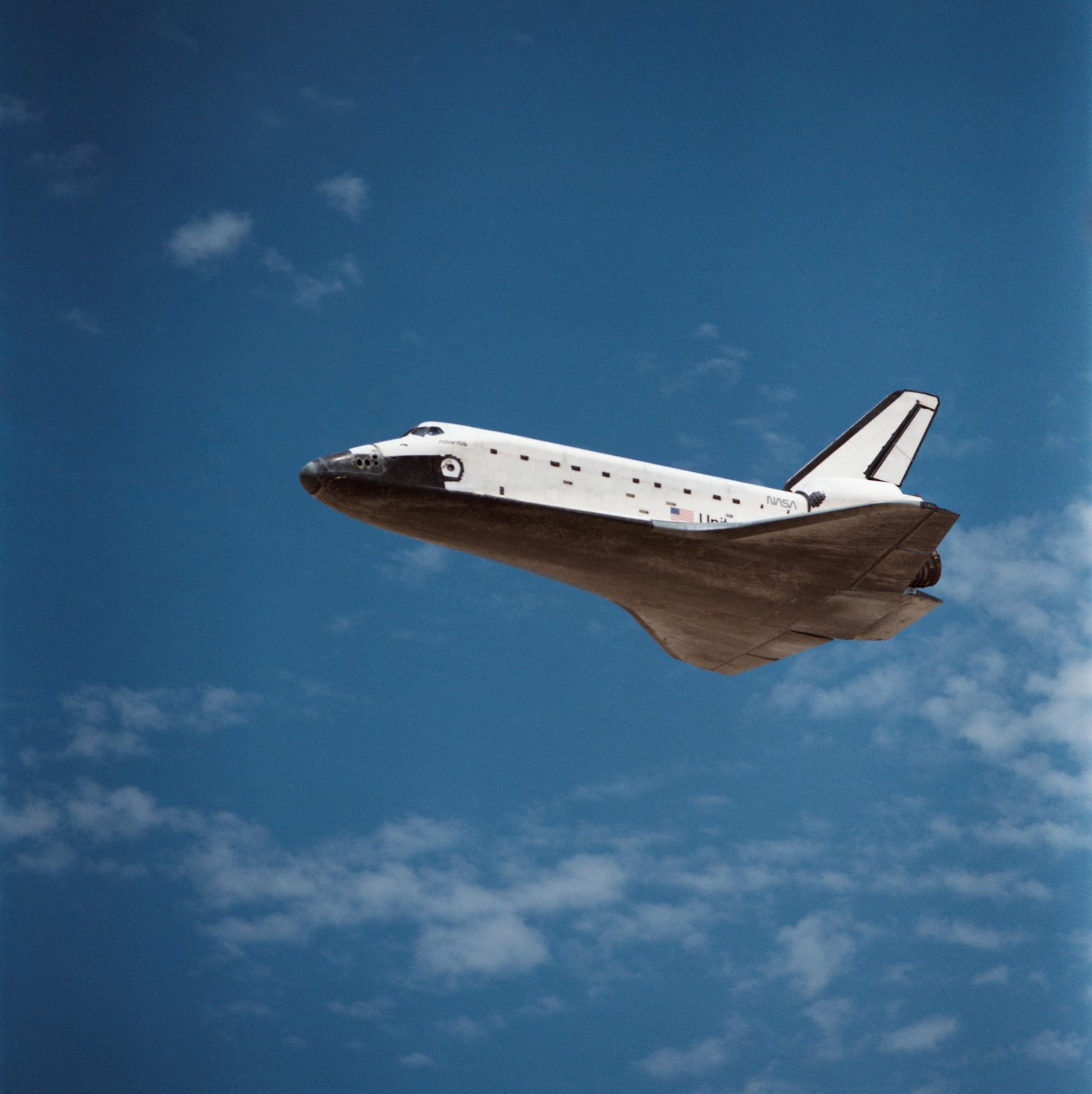 View of Space Shuttle Atlantis coming in for landing