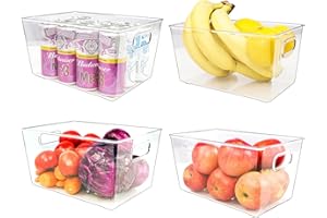 Puricon Set of 4 Refrigerator Organizer Bins, Clear Plastic Kitchen Organizer Food Storage Containers with Handles for Fridge