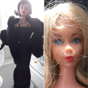 Kolme kuvaa Barbieista: Givenchy-malli, lähikuva 1960-luvun lopun Barbiesta ja omatekoinen Osmo, mies-Barbien korvike.