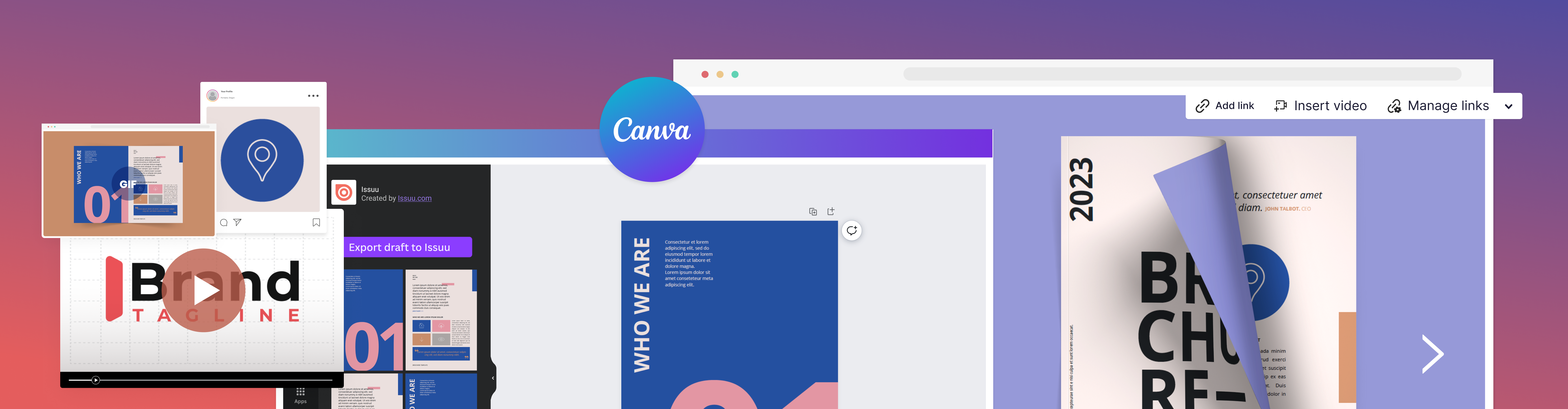 Canva logo wtih digital flipbooks from Issuu on a purple background