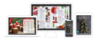 Preview of holiday catalog pages on a tablet, mobile, laptop and desktop screen.