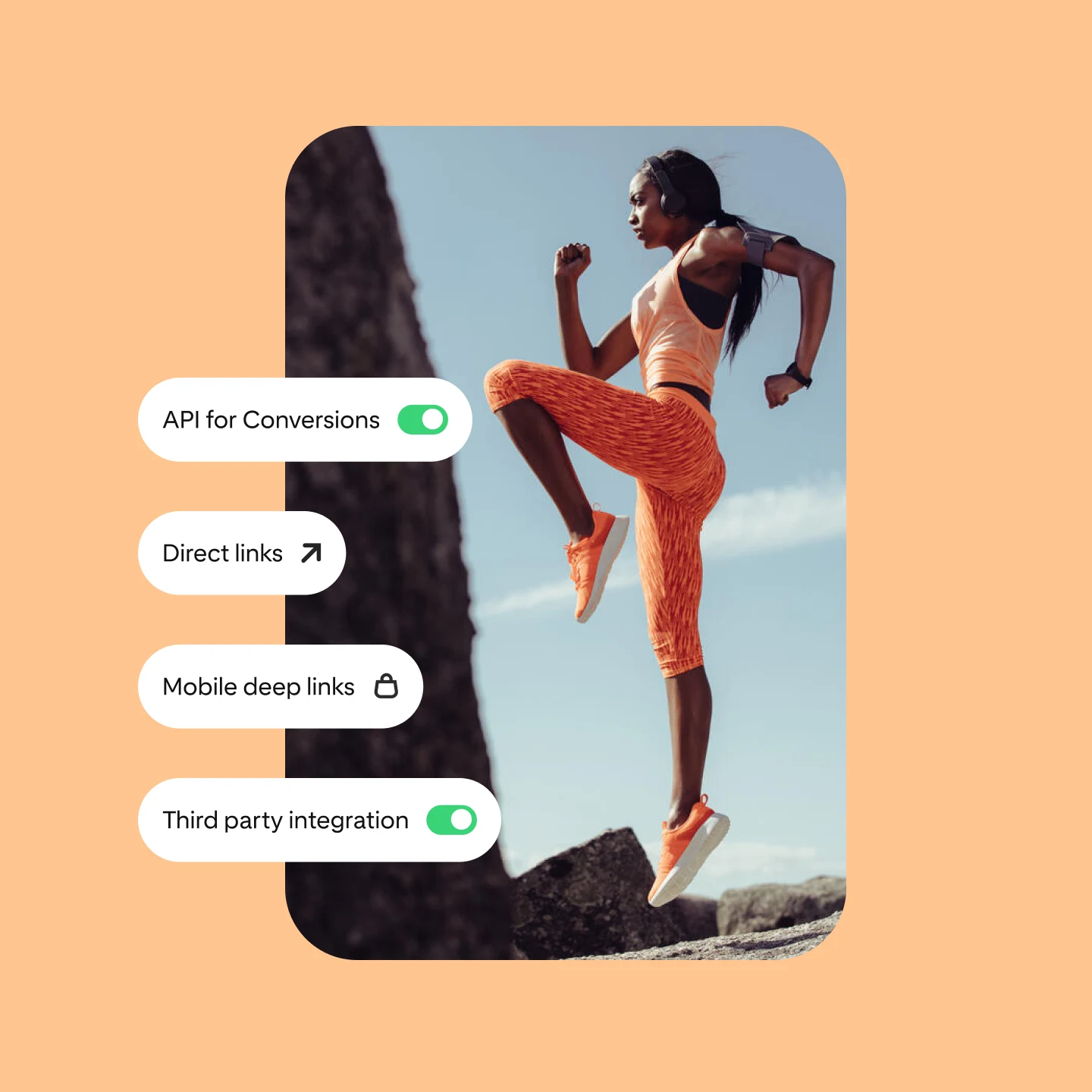 Image shows multiple Pinterest performance solutions, along with a woman performing an outside workout in orange workout apparel.