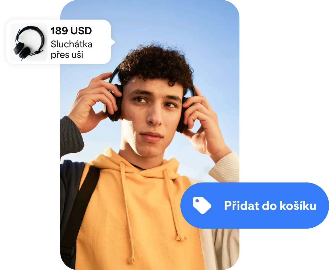Fotografie mladého muže se sluchátky, která má z jedné strany reklamu na bezdrátová sluchátka a z druhé strany tlačítko „Přidat do košíku“