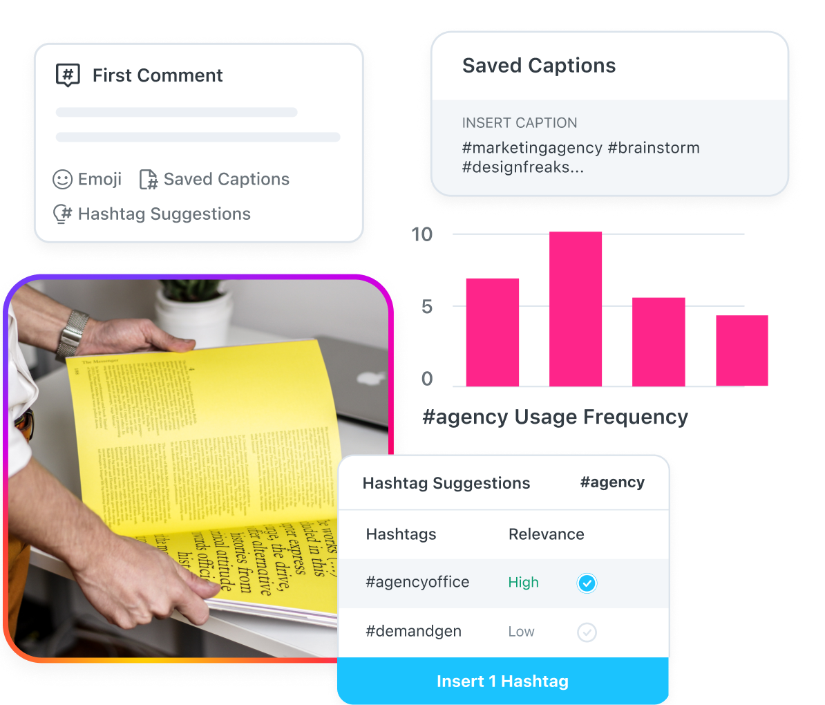 Use Laters hashtag tools to find and save the hashtags that resonate with your audience