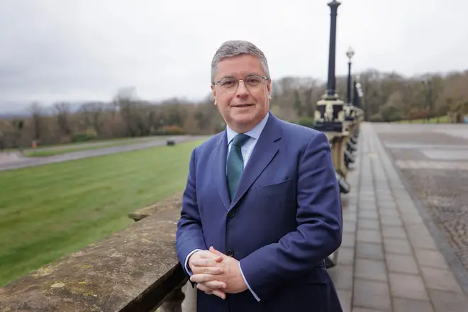 Sir Robert Buckland, chair of the Northern Ireland Affairs Committee, poses for a photograph at Stormont after a committee meeting. Picture date: Tuesday March 12, 2024.
