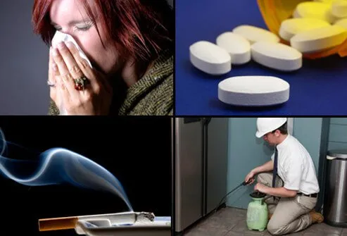 A woman suffering from a cold (top left), a bottle of antiinflammatory drugs (top right), cigarette smoke (bottom left) and exterminator spraying for insects in a kitchen (bottom right) are examples of asthma irritants.
