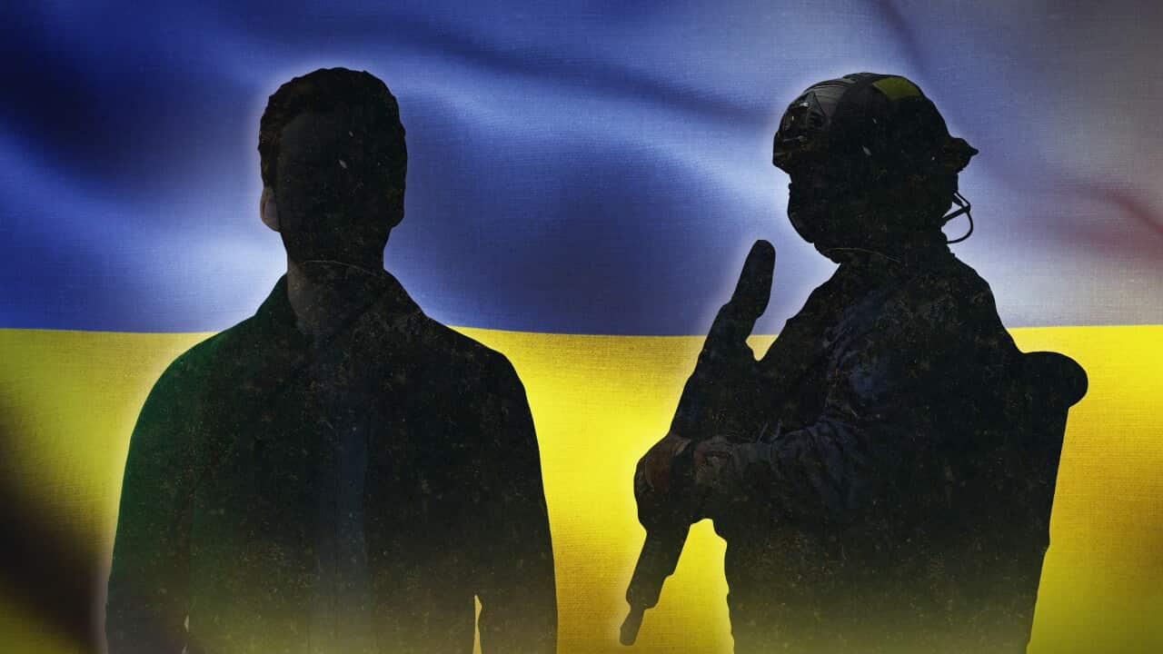 Two silhouettes, one of a man and the other of an armed soldier, against the backdrop of the Ukrainian flag